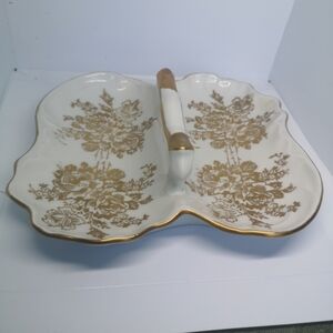 Vintage De France Hand-Painted Gold Floral Divided Handled Procelain Candy Dish